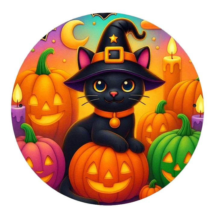 Vintage Halloween Witch Cat & Pumpkins Iron Sign 7.8 Inch Spooky Black Cat