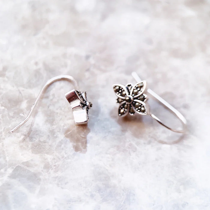 925 Sterling Silver Flower Star Drop Earrings Marcasite Zirconia For Women