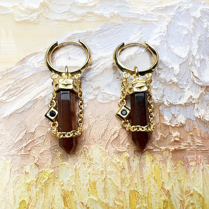 925 Sterling Silver Vintage Tiger Eye Hoop Earrings
