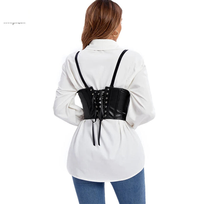 32Cm Women Body Shapewear Bustier Top With 6 Brooches And G String Plus Size Synthetic Leather Corset 876#