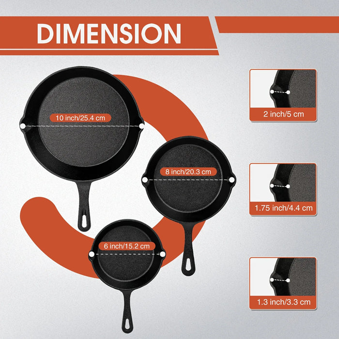 3 Piece Black Cast Iron Skillet Set Durable & Dishwasher Safe