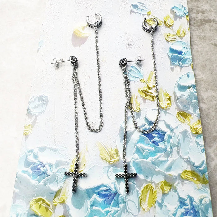 925 Sterling Silver Vintage Black Skull Drop Earrings Lucky Women