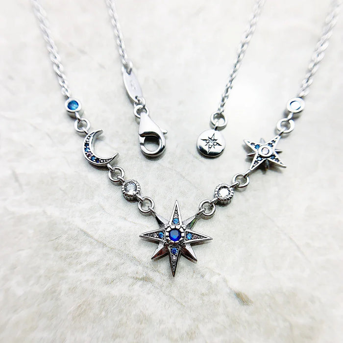 925 Sterling Silver Star & Moon Necklace Fine Jewelry For Women