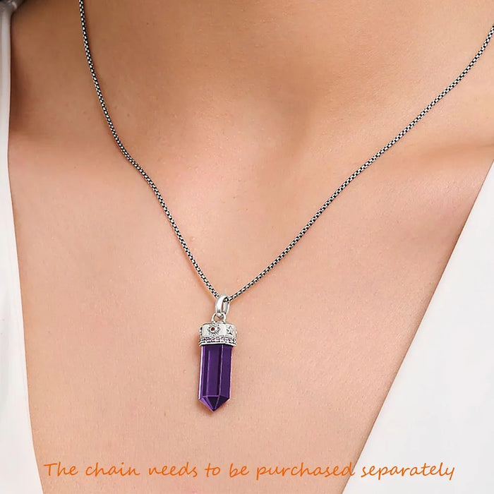 925 Sterling Silver Imitation Amethyst Crystal Pillar Pendant Cosmic Talisman For Women