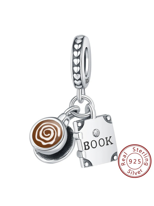 925 Sterling Silver Coffee Cup Book Pendant Fits Bracelet Women Diy Gift