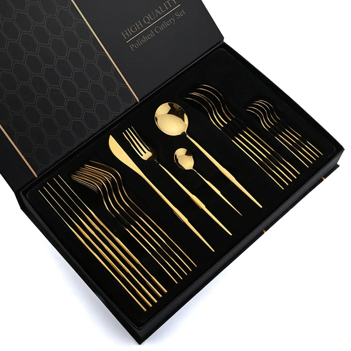 24 Piece Gold Flatware Set Stainless Steel Cutlery Gift Box Mirror Polished Western Food Steak Knife Spoon Elegant