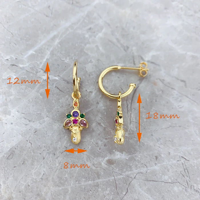 925 Sterling Silver Golden Scarab Beetle Hoop Earrings