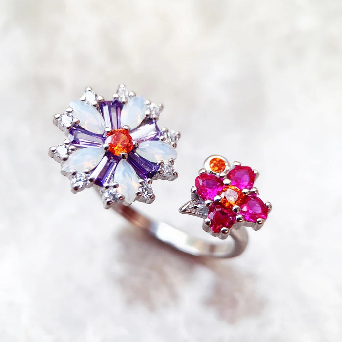 925 Sterling Silver Colourful Stone Flower Ring Romantic Gift Bohemian Jewelry For Women