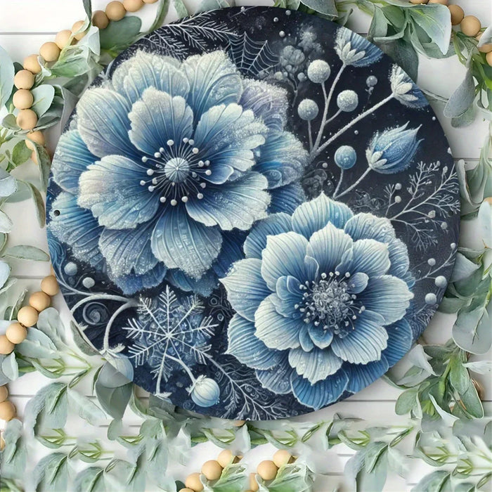 Blue Floral Wall Art 8X8 Inch Inch Iron Round Hanging Picture Garden Decor