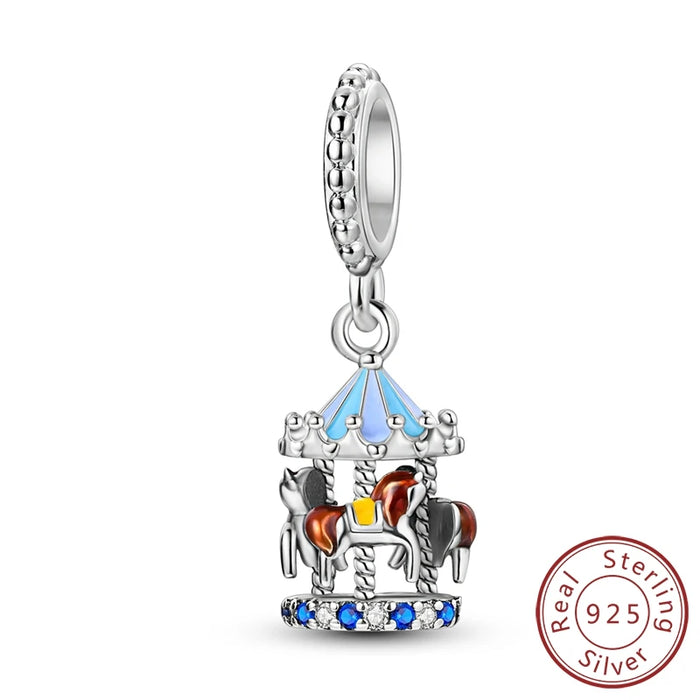 925 Sterling Silver Blue Carousel Pendant Charm Fits Necklace Or Bracelet Diy Gift For Women