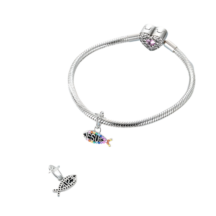 925 Sterling Silver Jesus & Fish Pendant Fits Bracelet Diy Gift
