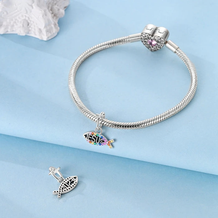 925 Sterling Silver Jesus & Fish Pendant Fits Bracelet Diy Gift