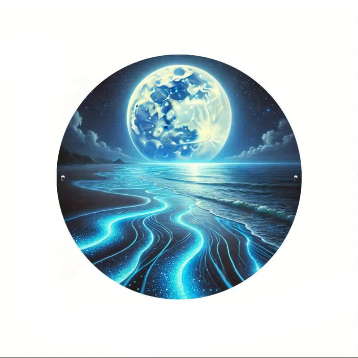8 Round Metal Tin Sign Ocean Sky & Full Moon Wall Art With Blue Waves & Starry Night Design