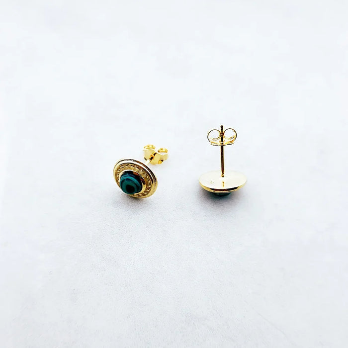 925 Sterling Silver Vintage Green Stone Gold Stud Earrings