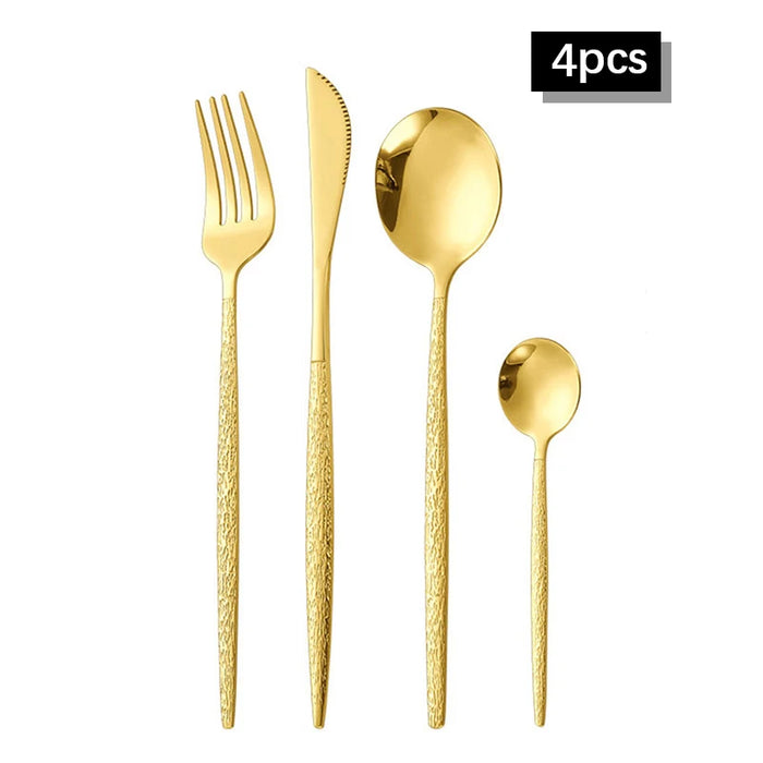 30 Piece Gold Hammered Stainless Steel Cutlery Set Dishwasher Safe