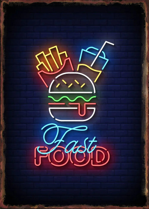 Retro Neon Food Sign Fast Food French Chips Fine Wine Coffee Shop Art