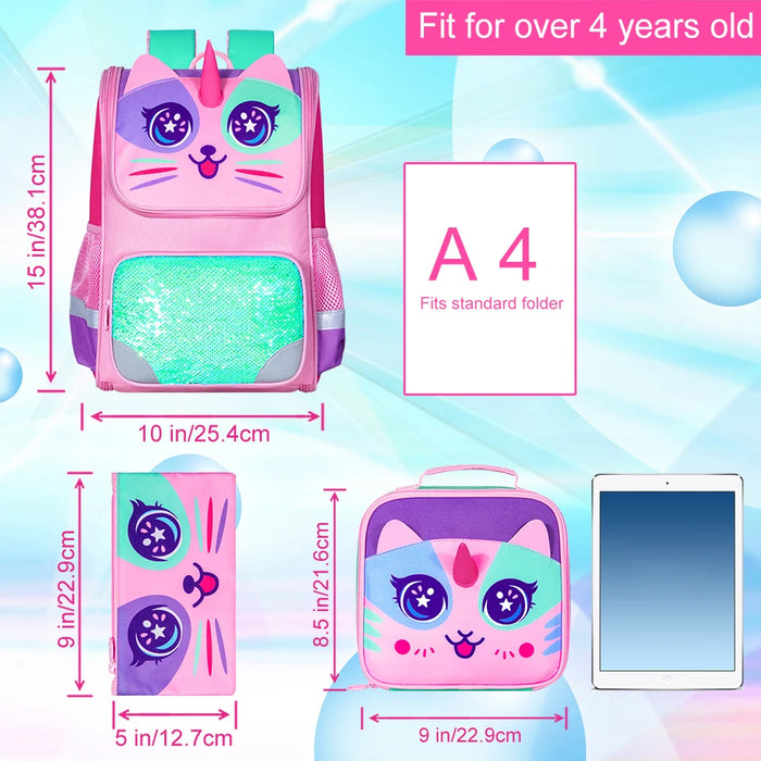 3 Piece Unicorn Dinosaur Backpack Set For Girls