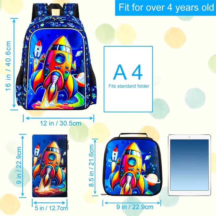 3 Piece Animal Backpack Set For Boys 16 Inch Bookbag Lunch Box Preschool To Elementary