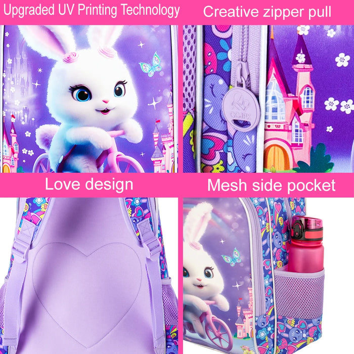 3 Piece Girls Backpack Set 16 Inch Rabbit Design For Elementary School
