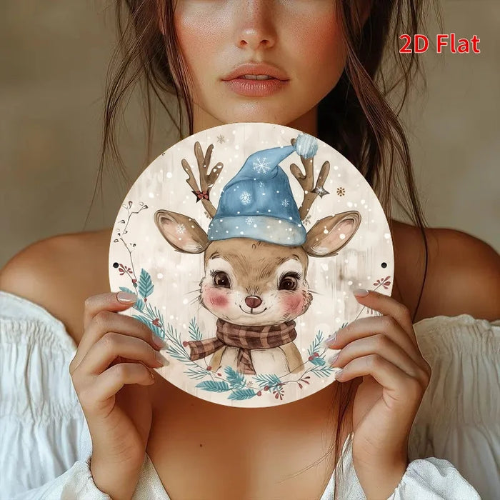 Round Holiday Metal Sign With Cute Deer Design 7.8X7.8 Inches