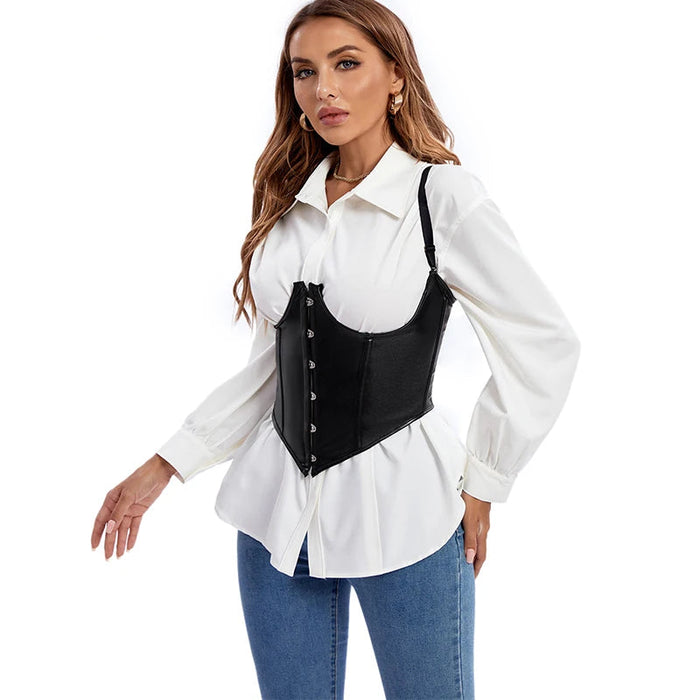 Plus Size Black Leather Corset Waist Trainer Vest With Strap 10 Plastic Bones S-6Xl