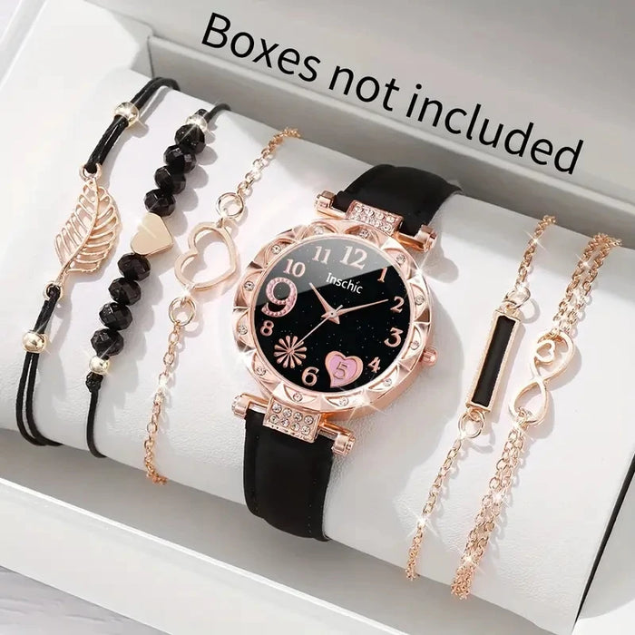 6 Piece Rhinestone Heart Dial Watch Bracelet Set