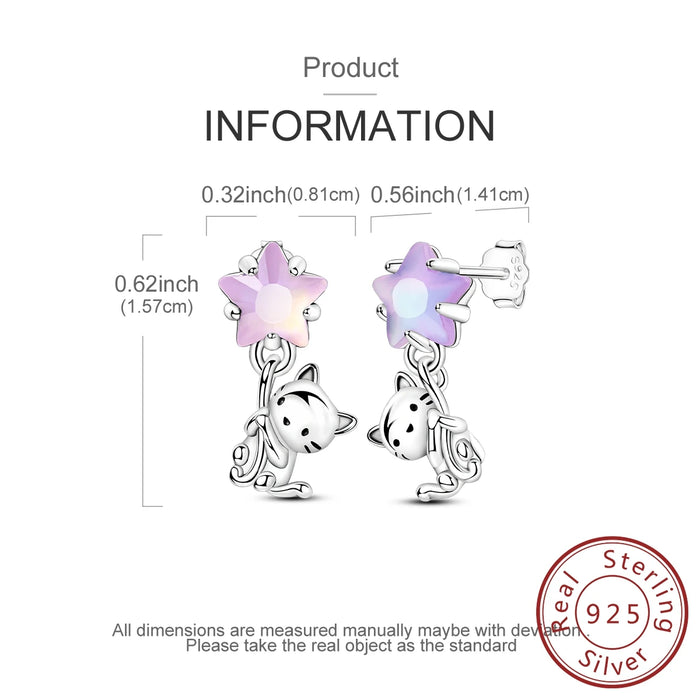 925 Sterling Silver Cat Star Stud Earrings Fine Jewelry For Women & Girls