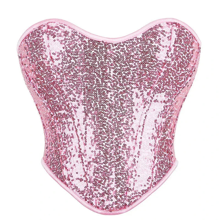 Sparkling Pink Back Lacing Bandage Strapless Corset Top Plus Size Underwear With Sequin Detailing
