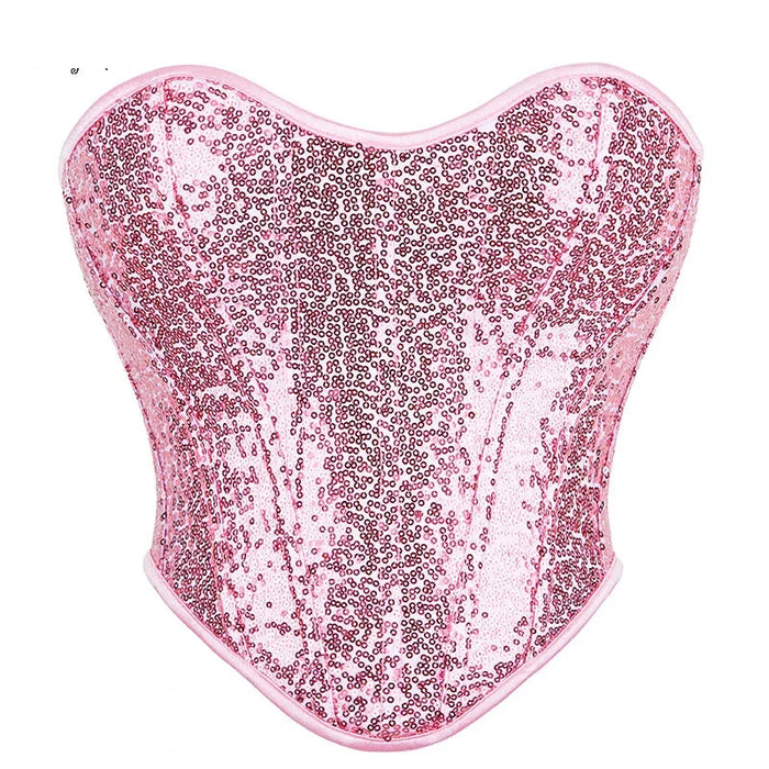 Sparkling Pink Back Lacing Bandage Strapless Corset Top Plus Size Underwear With Sequin Detailing