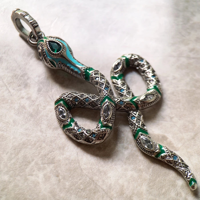 925 Sterling Silver Green Snake Spring Pendant Bohemian Gift For Women