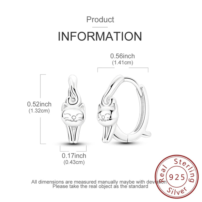 925 Sterling Silver Cat Hoop Earrings Vegetarian For Women & Girls