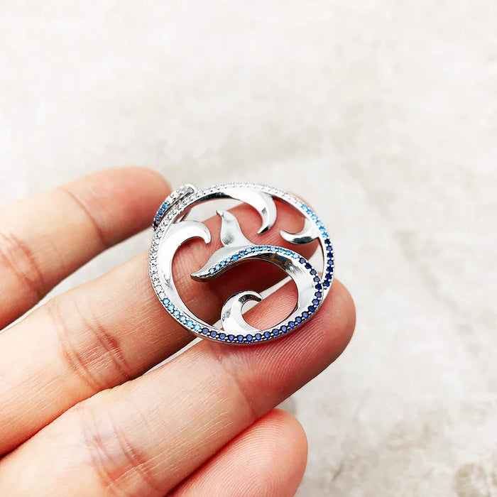 925 Sterling Silver Blue Dolphin Pendant Tail Fin & Wave Design Fine Jewelry For Women