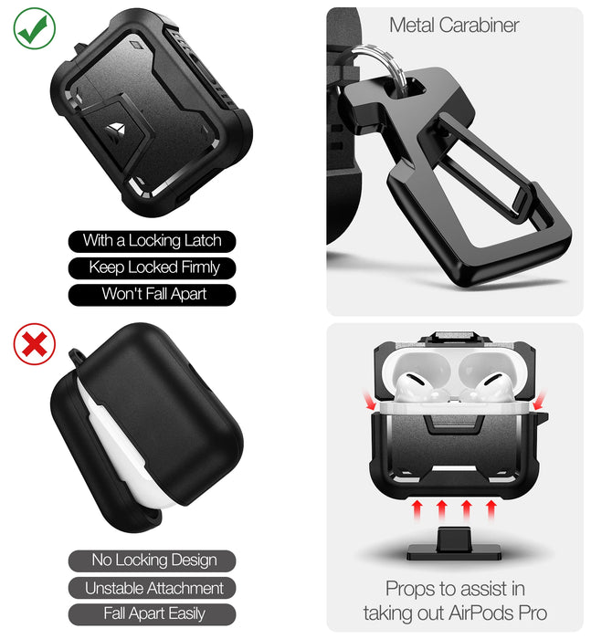 For Apple Airpods Pro Full-Body Rugged Protective Case With Secure Lock Keychain Design