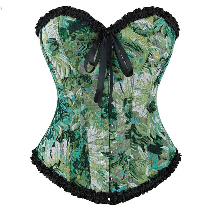 Ruffled Lace Trim Boned Corset Top Green Renaissance Christmas Lingerie