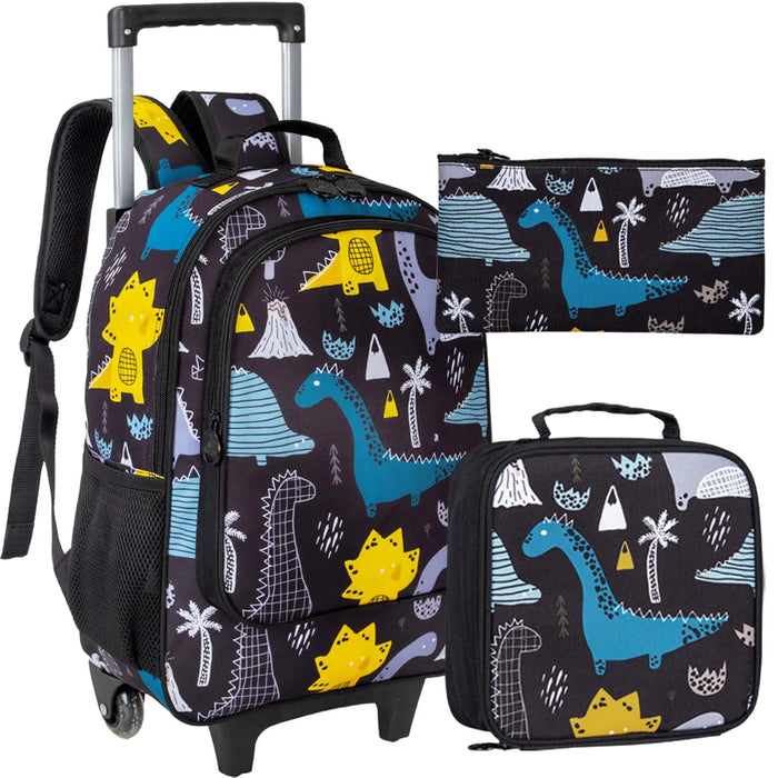 3 Piece Kids Rolling Backpack Set With Dinosaur Design