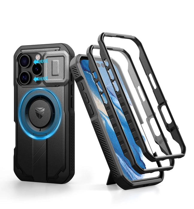 For Iphone 16 Pro Magsafe Rugged Armor Shockproof Case With Built-In Sliding Camera Case Built-In Screen Protector Holder