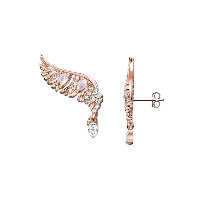 925 Sterling Silver Phoenix Wing Rose Gold Ear Studs With Pink Stones