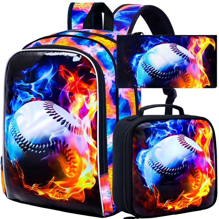 17 Inch School Bag Lunch Bag Set For Teens Water Resistant Baseball Pattern Fits Boys Men