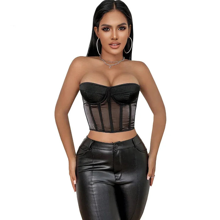 Mesh Corset Top With Padded Cups Short Torso Bustier For Women Black Summer See Through Design
