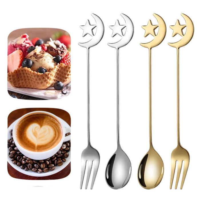 4 / 8 Piece Stainless Steel Star Moon Spoon & Fork Set For Coffee & Dessert