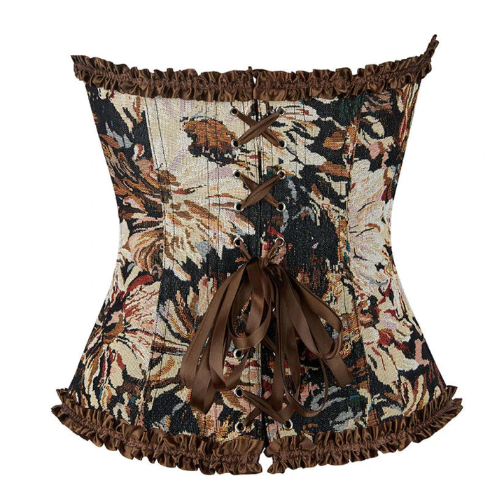 Brown Ruffled Lace-Up Boned Corset Retro Renaissance Victorian Style