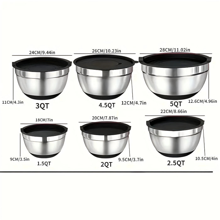 6 Piece Stainless Steel Mixing Bowls With Airtight Lids Non Slip Bottoms