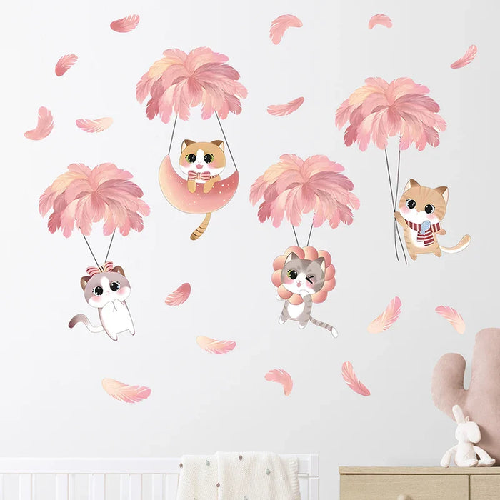 Hand Painted Feather Balloon Cats Wall Stickers For Kids Room
