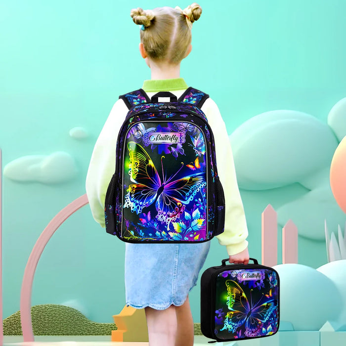 3 Piece 16 Inch Girls Butterfly Backpack Set With Lunch Box For School Preschool Kindergarten
