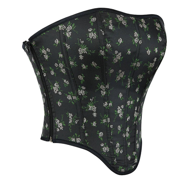 Rose Print Side Zipper Bustier Corset Slim Fit Lace Up Boned Satin Cropped Top For Women