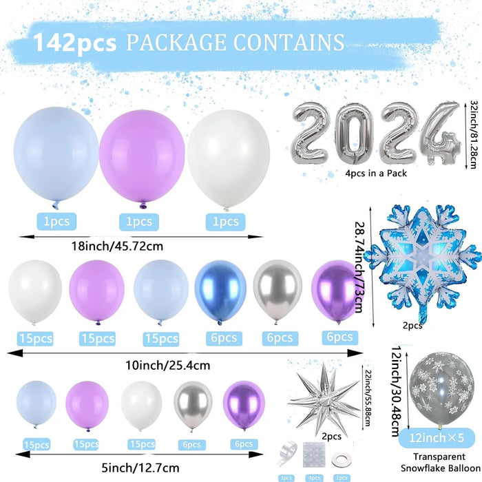 142Pcs New Year 2024 Ice And Snow Balloon Arch Garland Set Winter Frozen Purple Latex Balloon Birthday Party Balloon Decoration