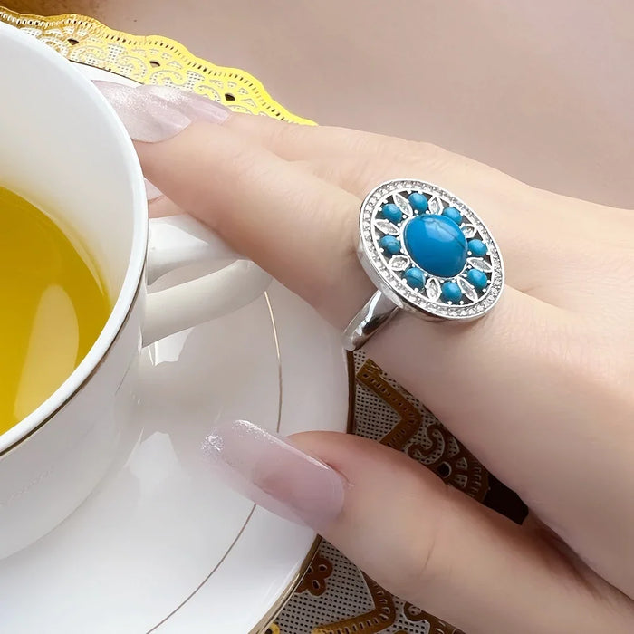 925 Sterling Silver Blue Ornament Ring Glam Fashion Jewelry For Women