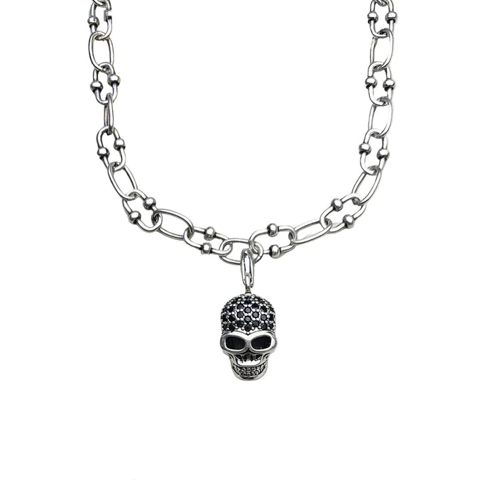 925 Sterling Silver Rebel Steel Skull Charm Necklace Fashion Jewelry Men And Women Pave Design