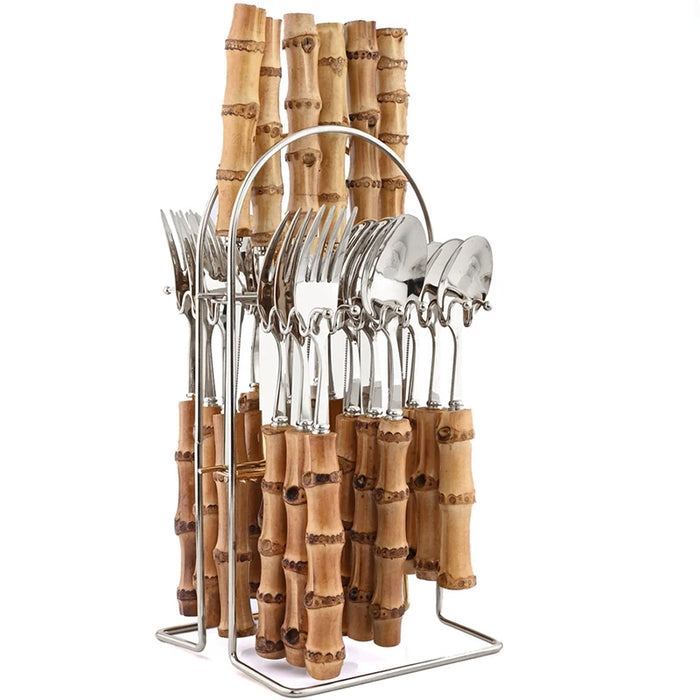 24 Piece Bamboo Handle Stainless Steel Cutlery Set