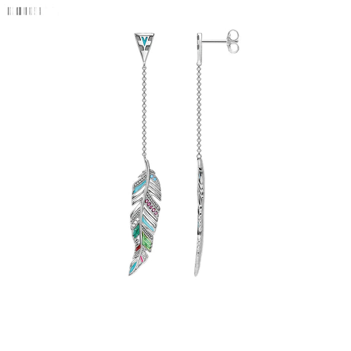 925 Sterling Silver Colourful Feather Drop Earrings For Women Autumn Jewelry